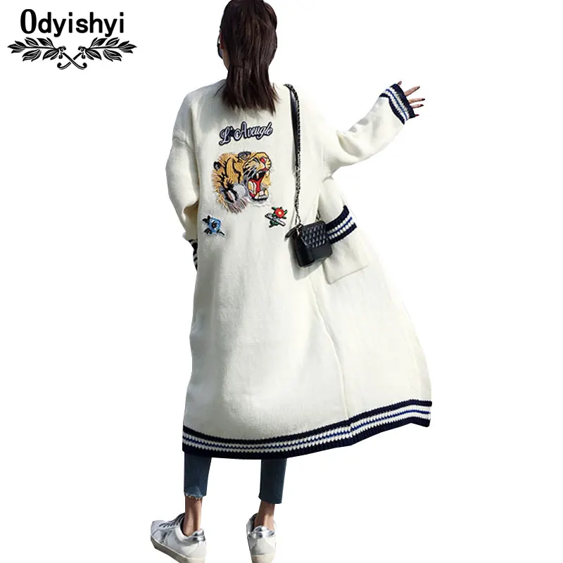 

Super Long Sweater Coat Female Autumn Korean Tiger Loose Kniting Sweaters Large size Wind Spring Knit Cardigan Women Tops HS173