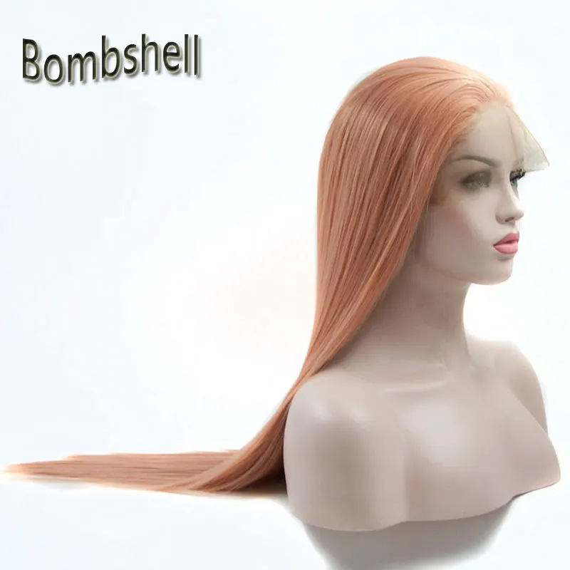 

Bombshell Long Silky Straight Heat Resistant Hair Gold Rose Pink Color Cosplay Synthetic Lace Front Wigs For Women Party Present