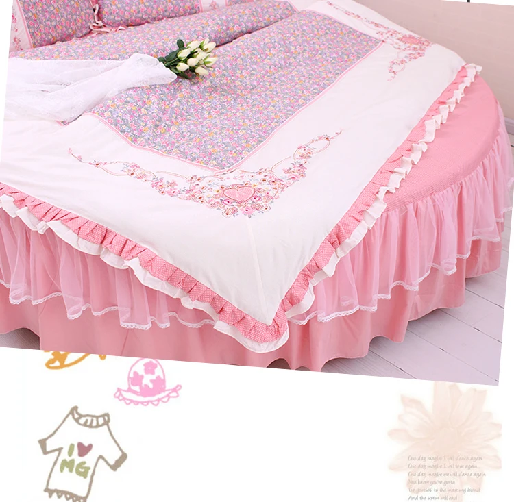 Excellent LACE ROUND Corner Bed Europe Orange color Flower Bedding sets Cotton Round Double Bed sheet Duvet cover Pillow case Bedskirt 46