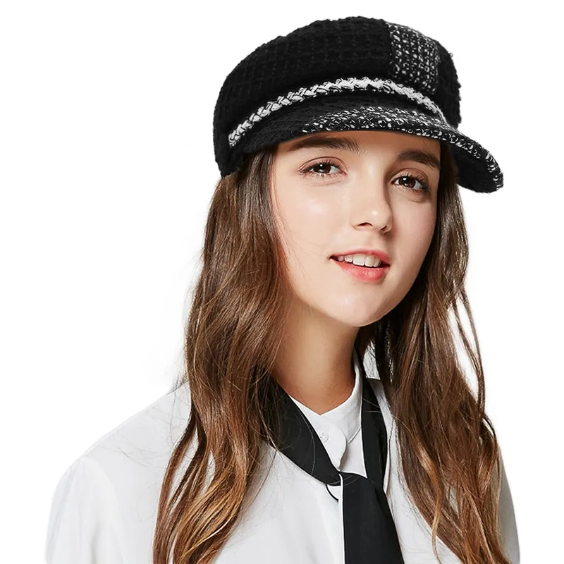 Brand New Women Military Hat Newsboy Cap Fall Winter Warm Knitted Hats Caps Fashion Patchwork
