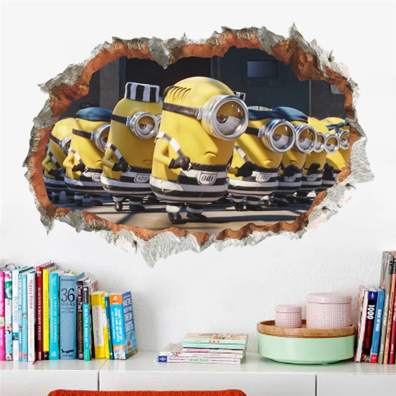 

Cartoon Minions 3d Broken Hole Wall Stickers For Home Decoration Diy Anime Movie Poster Kids Room Wall Art Decals