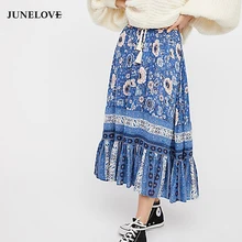 JuneLove летние женские богемные цветочные принты плиссированные юбки до щиколотки полые юбки женские синие бежевые юбки