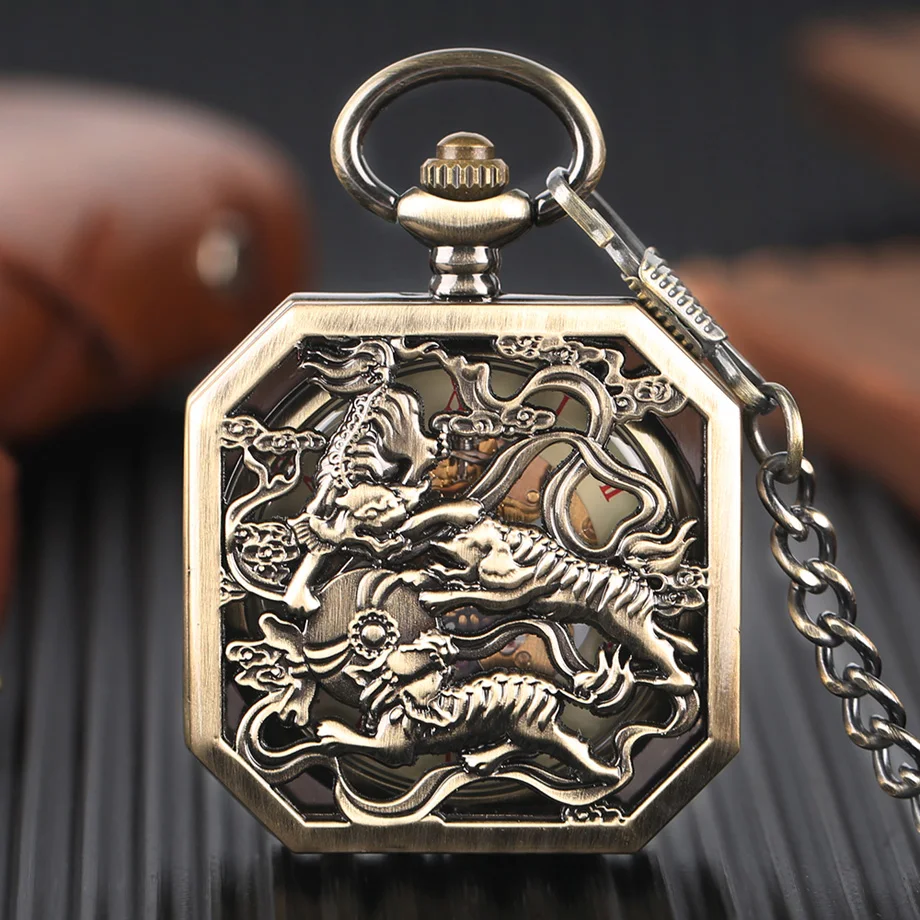 Luxury Bonze Double Tiger Pocket Watch Irregular Red Roman Numbers Mechanical Hand Wind Watches Steampunk Men Unique Clock Gift (1)