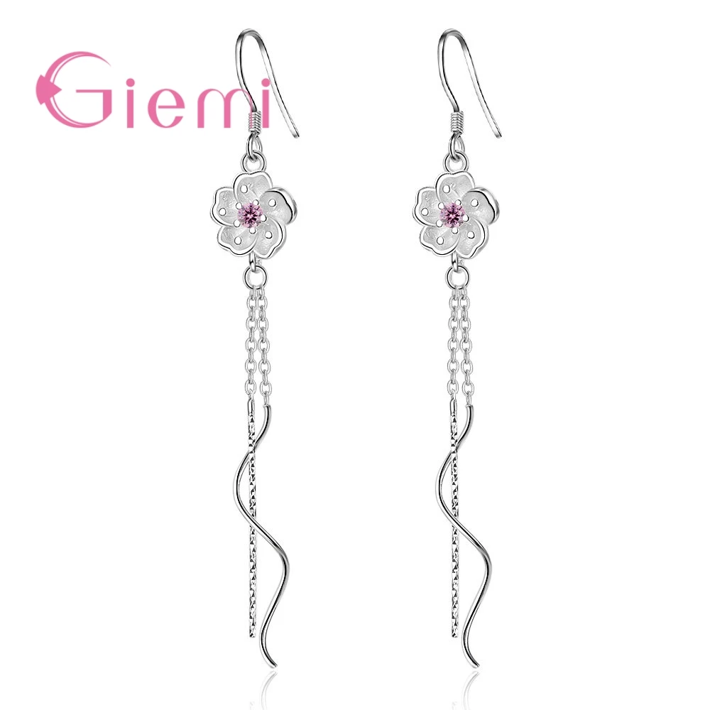 New Arrival Long Earrings 100% 925 Sterling Silver High Quality Pink Cubic Zirconia Pretty Flowers Shape For Women Jewelry