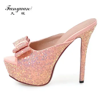 

Fanyuan Women Stiletto High Heel Slipper Sandals Bow-knot Ladies Platform Shoes Summer Sandals Peep Toe Crystal Slides Women