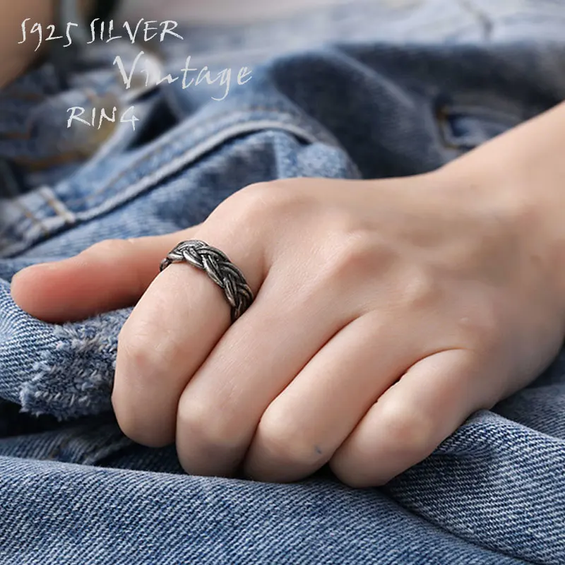 

Vintage 925 Sterling Silver Jewelry Retro Rings For Men Women Twist Thai silver Finger Rings Simple bijoux Adjustable Size
