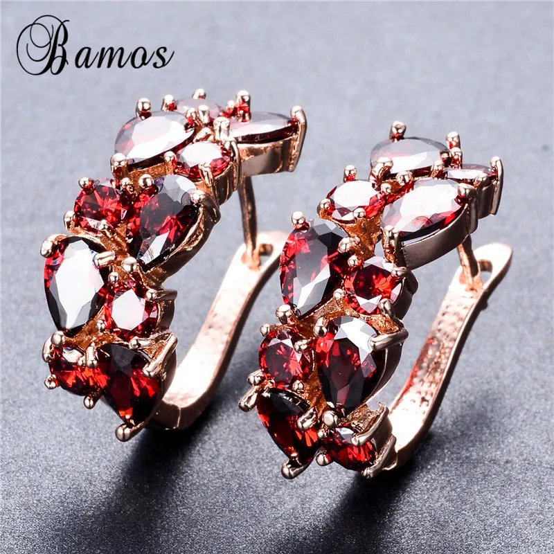 

Bamos Unique July Birthstone Red Heart Stud Earrings For Women Vintage Geometric Rose Gold Filled Zircon Engagement Jewelry Gift