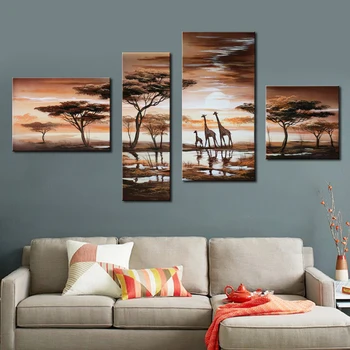 

Tree Sunset Oil Painting Giraffee African Grassland Landscape Picture 4 Piece Art Sets Animal On Canvas Poster Scenery Unframed