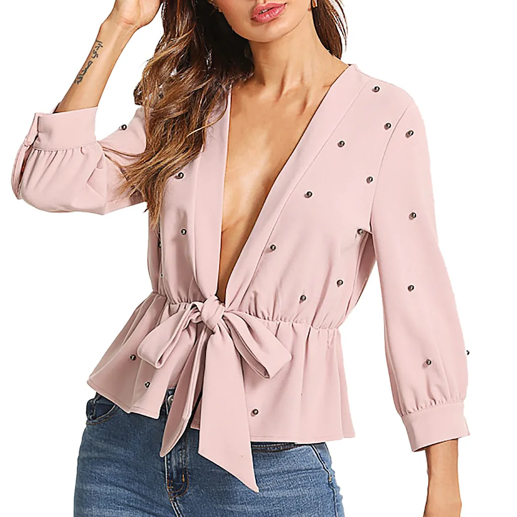 

Deep V Three Quarter Dot Print Blouse Bandage Tops Women Fashion Long Sleeve Strapless Off Shoulder Office Sexy Ladies Shirts