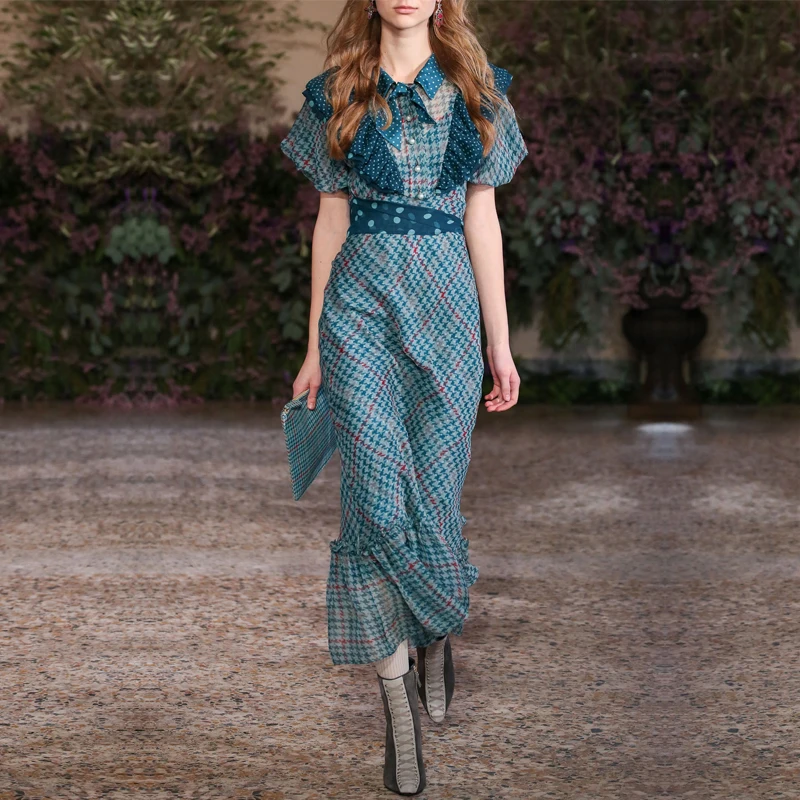 

2019 Summer Europe New Fashions Vintage Ruffles Chiffon Dress Women Lantern Sleeve Slim Long Elegant Office Work Trumpet Dress