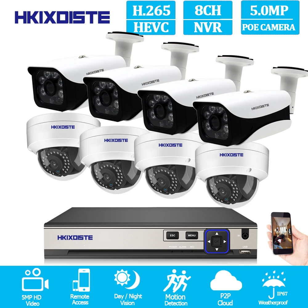 

5.0 mp Security IP Camera POE 48V 4 Bullet+4 Dome POE camera 8CH POE system kit Onvif P2P 8ch poe nvr Plug And Play System