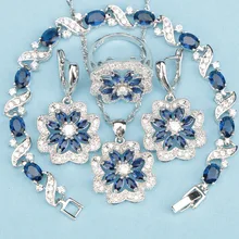 Королевский синий камень белый CZ цветы Ювелирные наборы 925 пробы серебро для женщин серьги ожерелье кулон кольца браслеты
