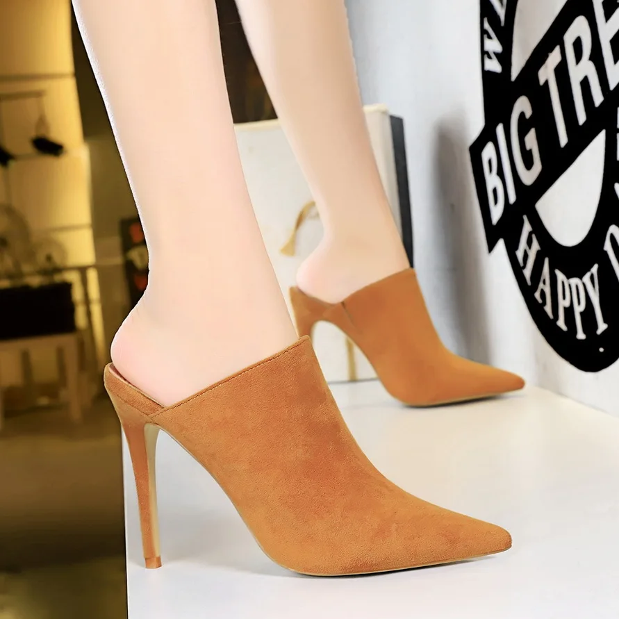 

Women Sandals Shoes Flock Slip-On Fashion Pointed Toe Thin 11cm High Heels Solid Sexy Lady Party Female Pumps Splipper Shoes