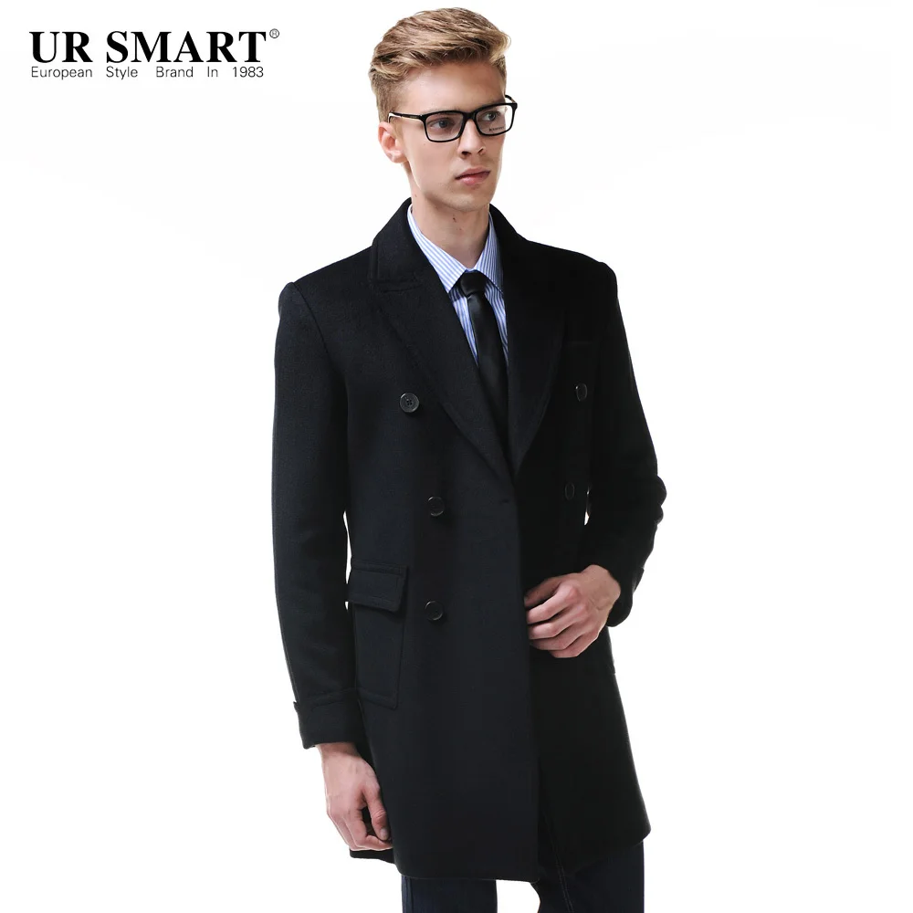 URSMSRT новое деловое повседневное мужское двубортное шерстяное пальто подлинное Мужское пальто - Цвет: black