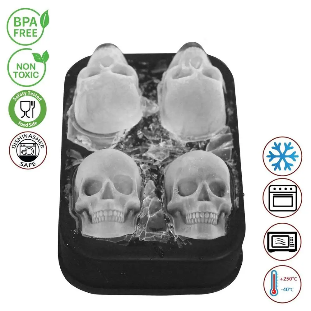 LMETJMA 3D Skull Ice Cube Tray With Funnel Silicone Flexible 4 Cavity Ice Maker Molds Ice Cube Maker Ice Cream Tools KC0294 BEST SELLERS