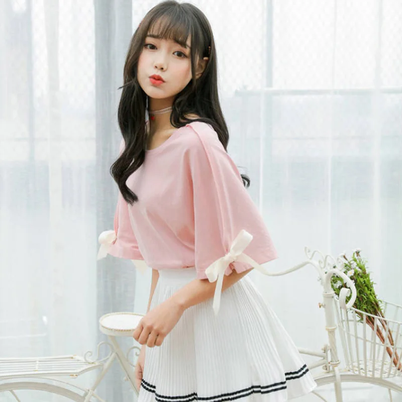 Kawaii футболка в Корейском стиле летняя новая женская с коротким рукавом и бантом