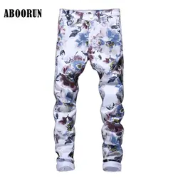 ABOORUN Модные мужские 3D джинсы с принтом с цветком эластичной полной длины Slim fit зауженные джинсы певцы танцоры брюки YC1279