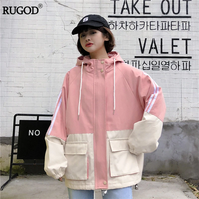 

RUGOD Patchwork multicolor women coat baseball jacket pocket hat fashion harajuku style plus size coat modis summer bomber