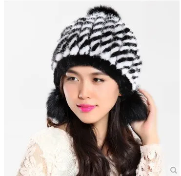 Зимние женские настоящие вязаные шапочки с мехом норки шапки с шариками женские теплые головные уборы VF0492