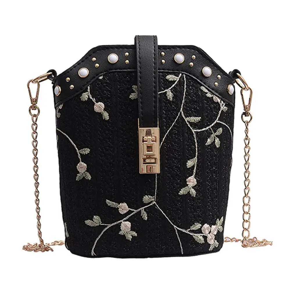 

New Women Flower Embroidery Lace Faux Pearl Studded Crossbody Shoulder Bucket Bag