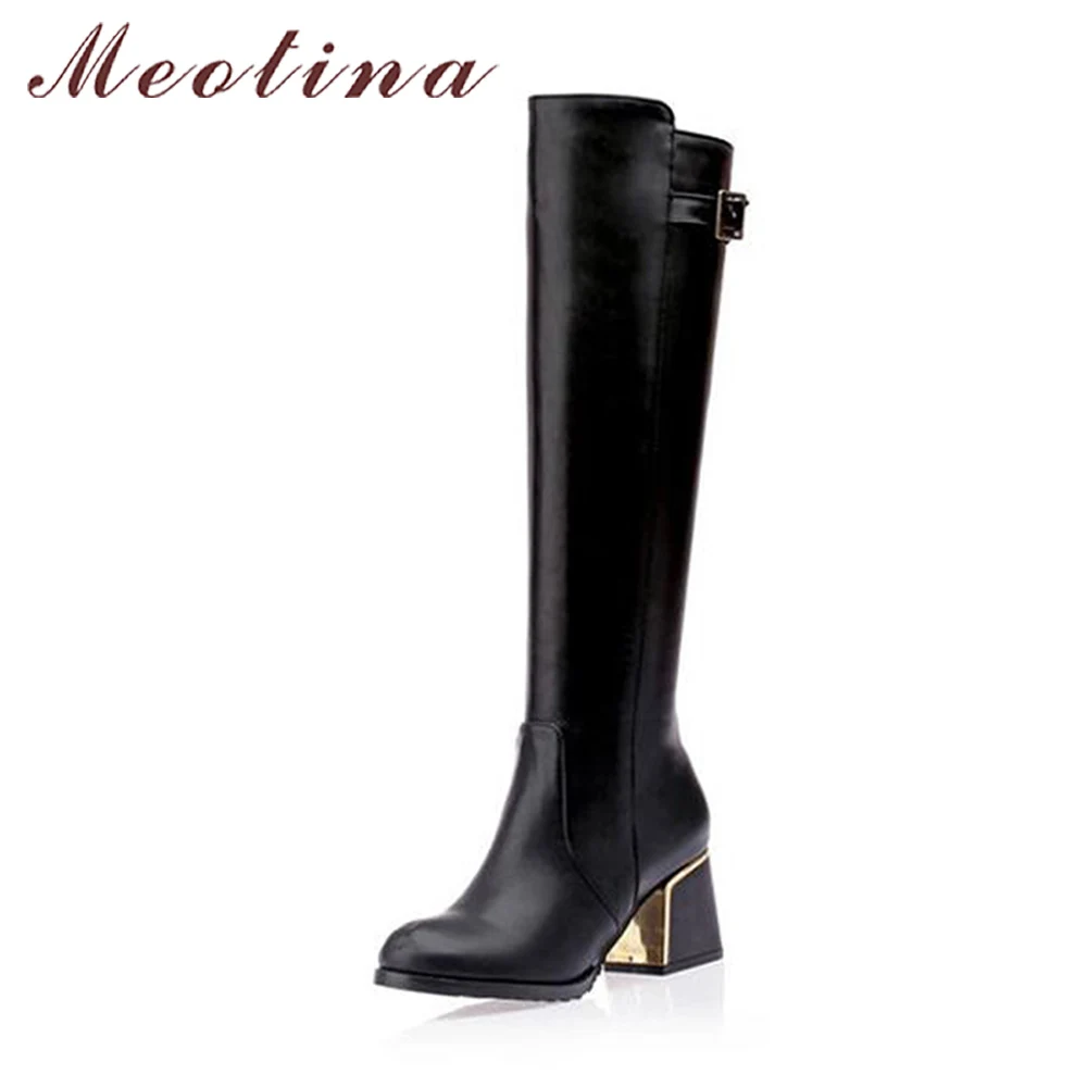 

Meotina Luxury Women Knee High Boots Winter Buckle Boots Fur Warm Motorcycle Boots Ladies Thick High Heels Shoes Black Size 45
