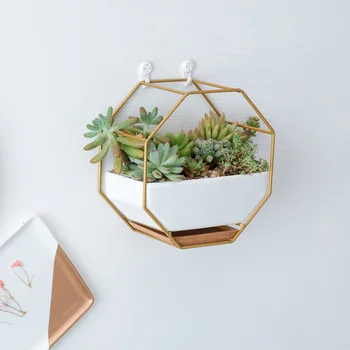 

Metal Iron Rack White Ceramic Planter Pot Simple Octagonal Geometric Wall Hanging Ceramic Flower Pot Bamboo Tray Iron Frame New