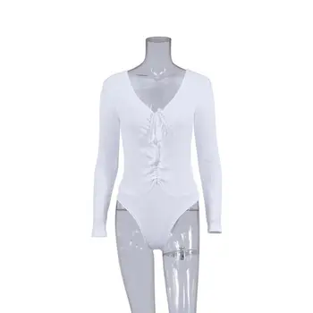 

Sexy Women Solid Color Bodysuit Deep V Bandage Long Sleeve Stretch Leotard Top