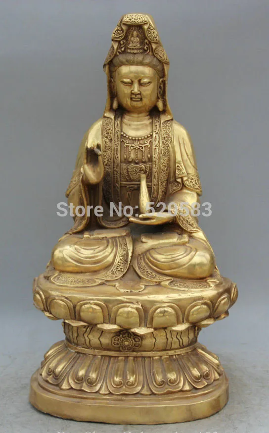 

22" Chinese Buddhism Brass Seat Lotus Kwan-yin Guan Yin Goddess Vase Statue