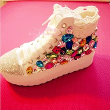 Free shipping 2016 Lace Rainbow Gem Rhinestone handmade canvas high-top platform shoes female models