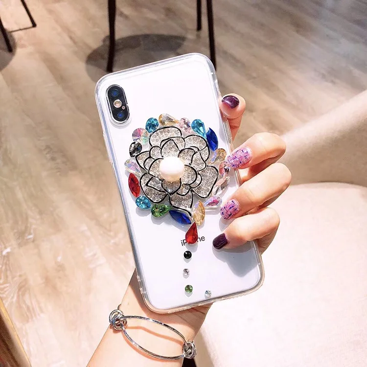 

Kuutti Squishy Fashion Rhinestone Pearl Colorful Flower Transparent Luxury Women Phone Cases for iPhone 6 6s 7 8 Plus X Covers