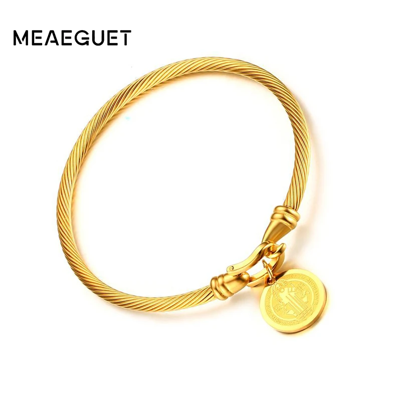 

Meaeguet Gold-color Saint Benedict Medal Cuff Charm Bracelets & Bangle For Women Stainless Steel Wire Pulseira Jewelry