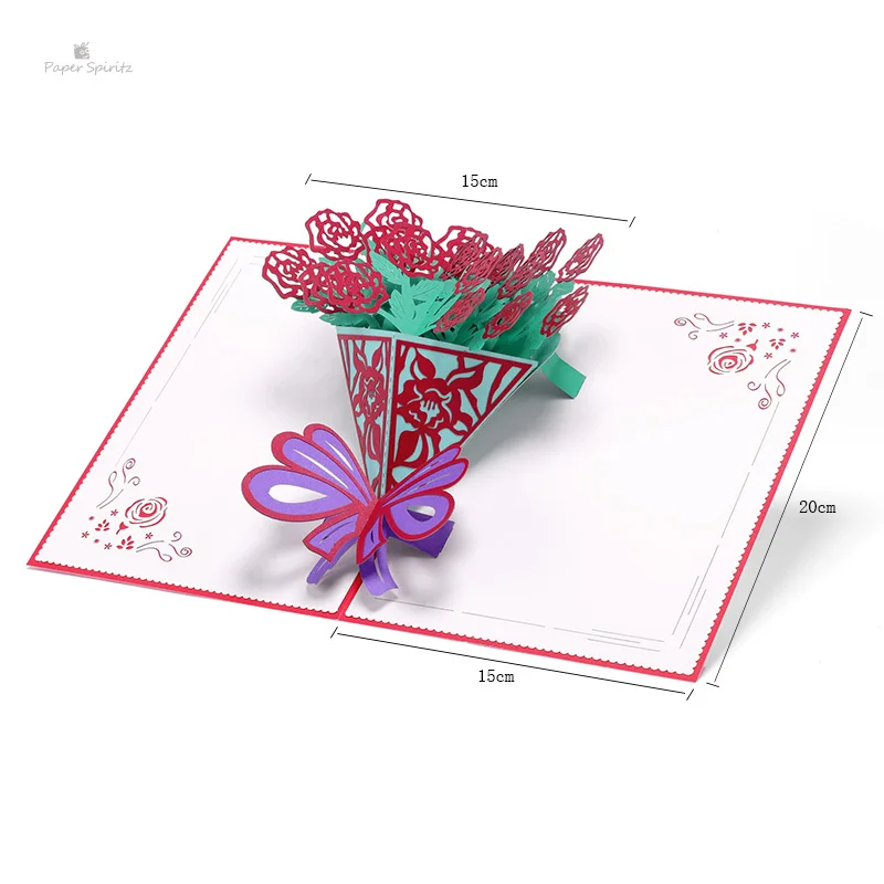  PAPER SPIRITZ Rose Flower Bouquet 3D Laser Kraft Paper Pop Up Card With Envelope Invitations Greeti - 32895798346