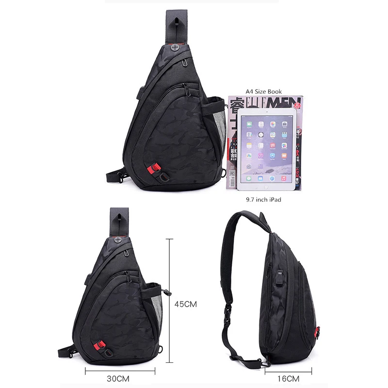 DINGXINYIZU, водонепроницаемая мужская сумка через плечо, зарядка через usb, черный камуфляж, слинг, грудь, сумка, сумки на плечо для мужчин, рюкзак, рюкзак