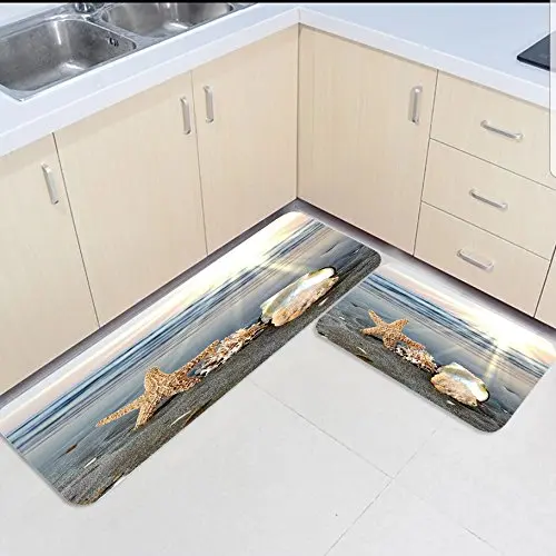 

2 Piece Kitchen Mats and Rugs Set Sea Shells Starfish Under the Sunshine Home Deocr Non Skid Area Runner Doormats Carpet