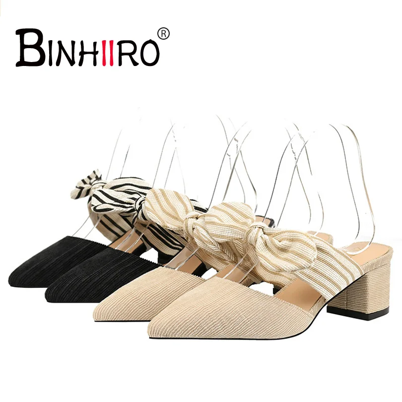 

BINHIIRO 2018 new women's slippers pointed bow summer shoes fashion solid color party wedding swimming pond Party slippers T6007