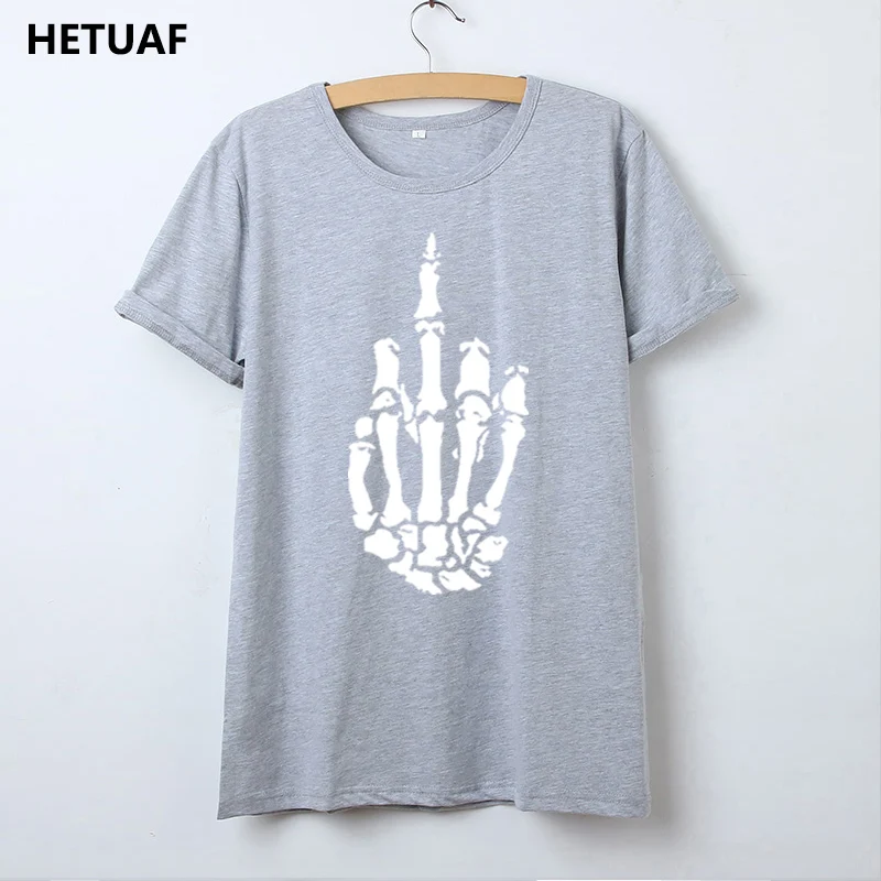 HETUAF графическая футболка с жестом скелета, женская футболка с черепом, крутая хипстерская футболка, женские топы в стиле панк-рок, Забавные футболки - Цвет: gray