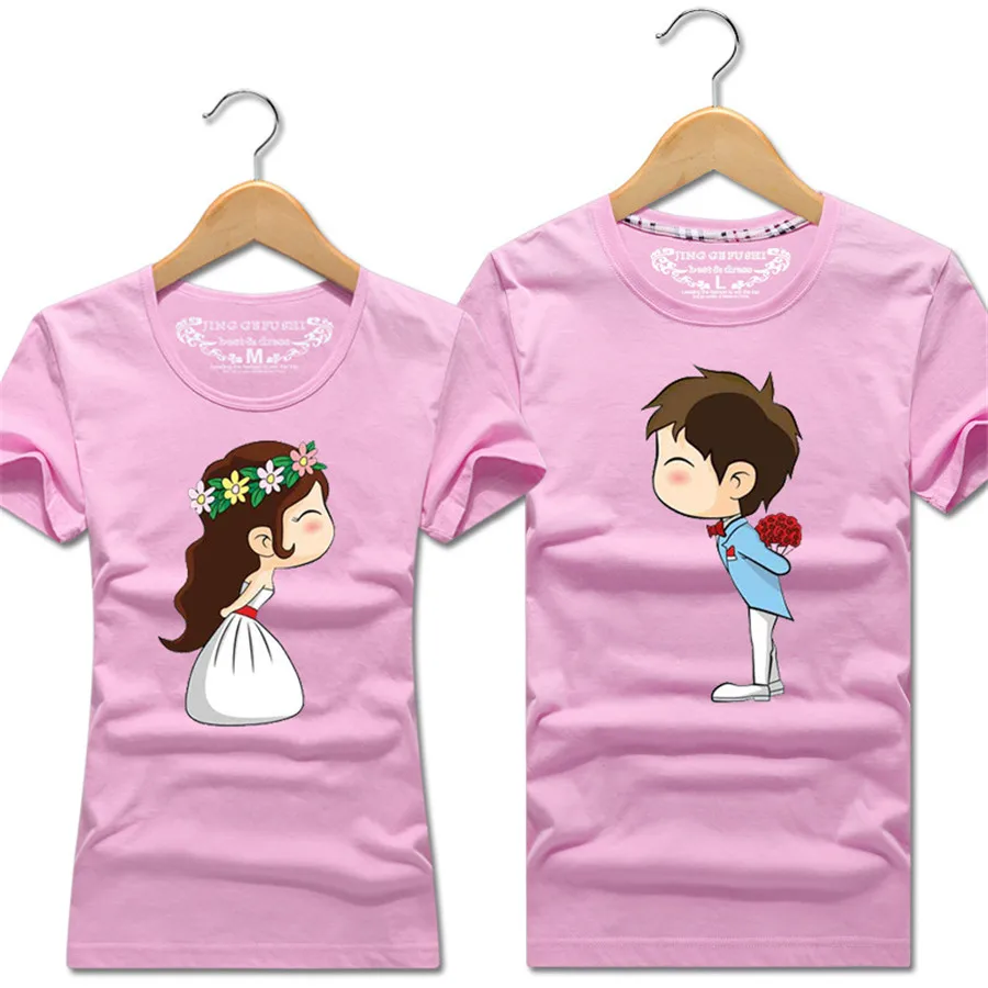 

2018 spring summer men & women couple lovers beach sandals short sleeve t shirt wedding cartoon bride and groom t shirts top