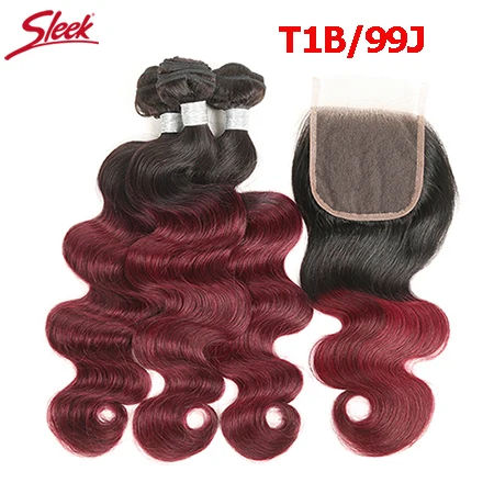 Гладкий Омбре перуанские человеческие волосы плетение 3 пучка с закрытием объемная волна 1B/30 4x4 Часть Кружева Закрытие remy волосы - Цвет: T1B/99J