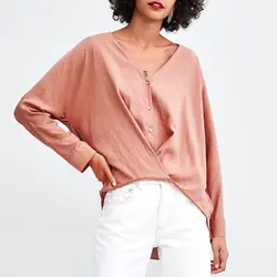 Jastie v-образным вырезом легкой струящейся топ, футболка и пуговицы спереди драпировки асимметричный подол Для женщин рубашки блузка бохо
