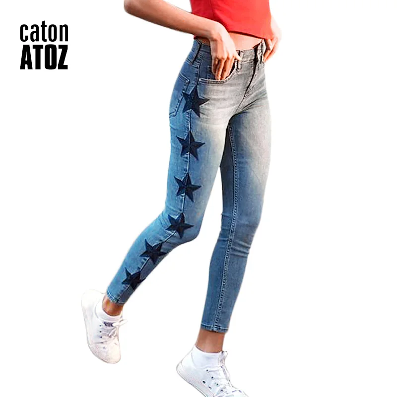 

catonATOZ 2142 Mom Jeans New Woman's Vintage Star Embroidery Jeans Stretch Denim Pants Female Skinny Trousers For Women