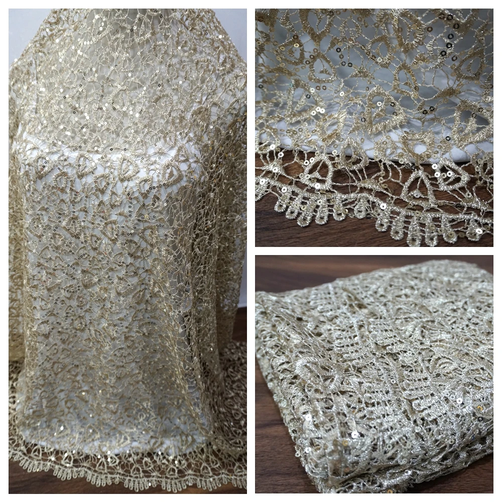 

5Colors african guipure lace fabric with sequins hollow out african cord lace sequin fabric TOP QUALITY for lady evening dress