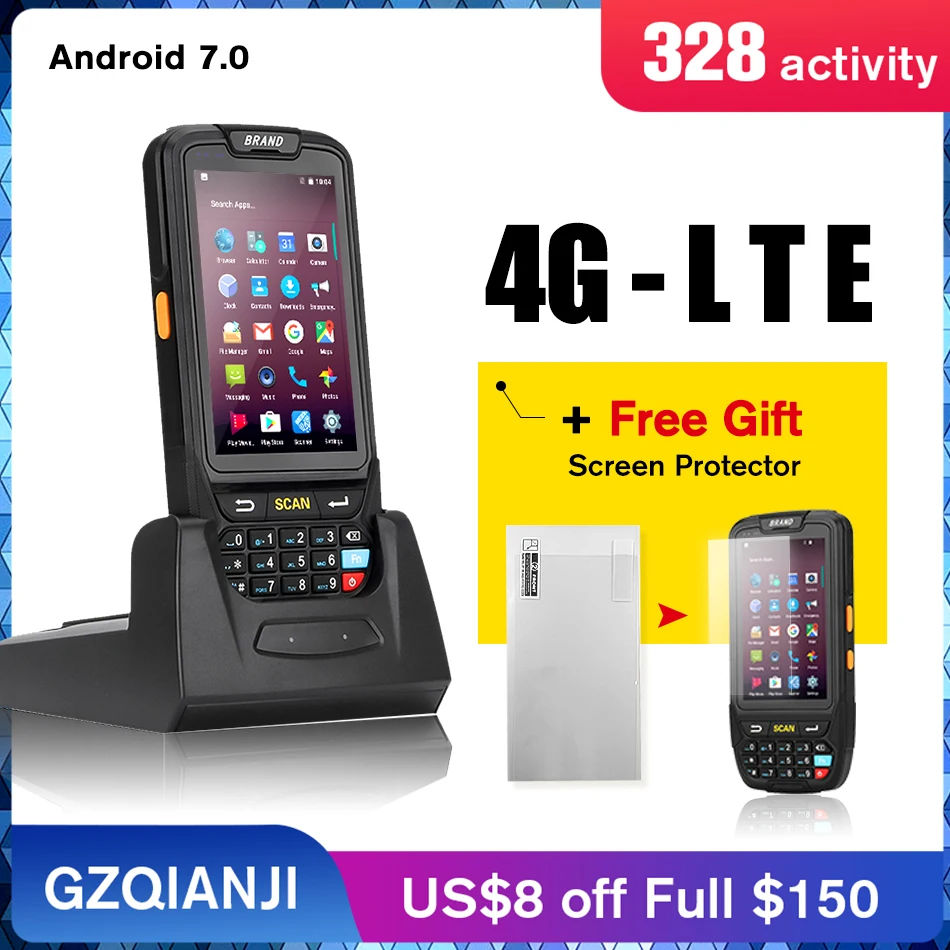 PDA الروبوت 7.0 المحمول 1D 2D QR ماسح الباركود محطة pos المحمولة دعم GPS جي بي آر إس واي فاي بلوتوث 4G ل Pc كاميرا PDA