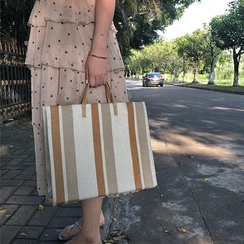 

FGGS-Summer Striped Canvas Bag Simple Canvas Bag Shoulder For Women Shopping And Traveling Large Capacity Women'S Bag Casual B
