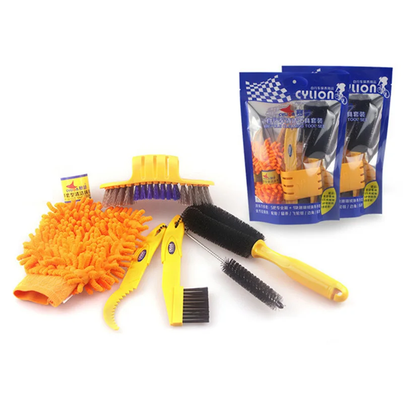 

6Pcs/set Portable Practical Bicycle Chain Cleaner Kit Tire Brush Gloves Freewheel Hook MTB Road Bike Cleaning Tool Kits RR7003