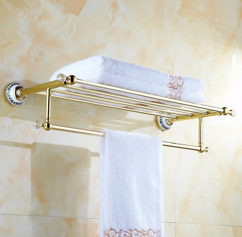 Solid Copper Luxury Crystal Gold Design Towel Rack, Modern Bathroom