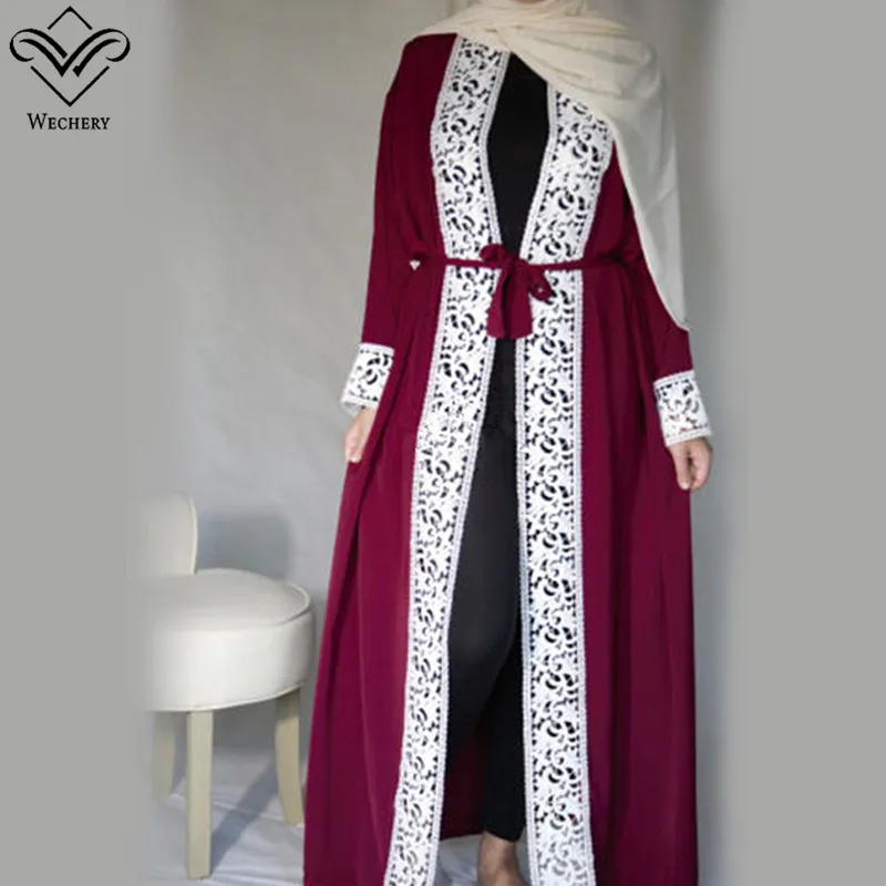 Wechery Элегантное открытое Абая женское кружевное гладкое платье размера плюс свободное платье для взрослых мусульманский кафтан джилбаб одежда - Цвет: wine red