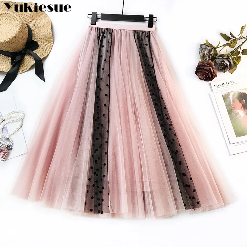 Элегантная женская юбка принцессы с высокой талией, юбки для женщин, женская длинная Плиссированная фатиновая юбка в горошек