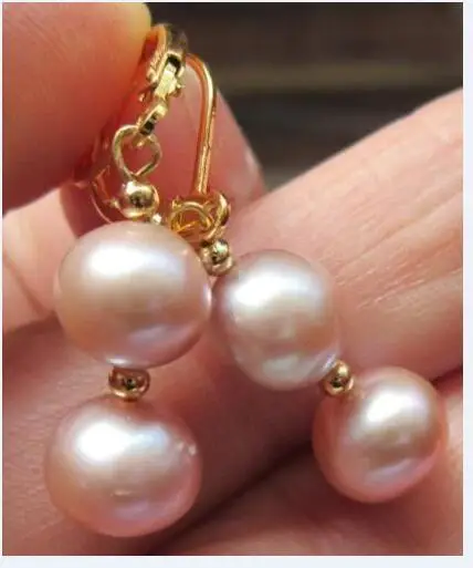 

free shipping HUGE NEW 10MM AAA PERFECT south sea Pink purple pearl earrings 14k/20 GOLD