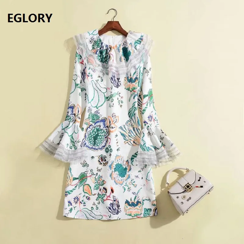 Women's Clothing Dresses 2018 Autumn Fashion Party Chic Dress Ladies O-Neck Ethnic Print Flare Sleeve Dress Sweet Lolita Style