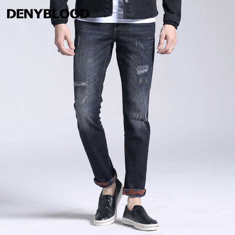 Denyblood Джинсы для женщин Stretch Slim Прямые джинсы Рваные Distressed Flower флис теплый Джинсы для женщин 2017 Autum новый Зимние повседневные штаны 169071